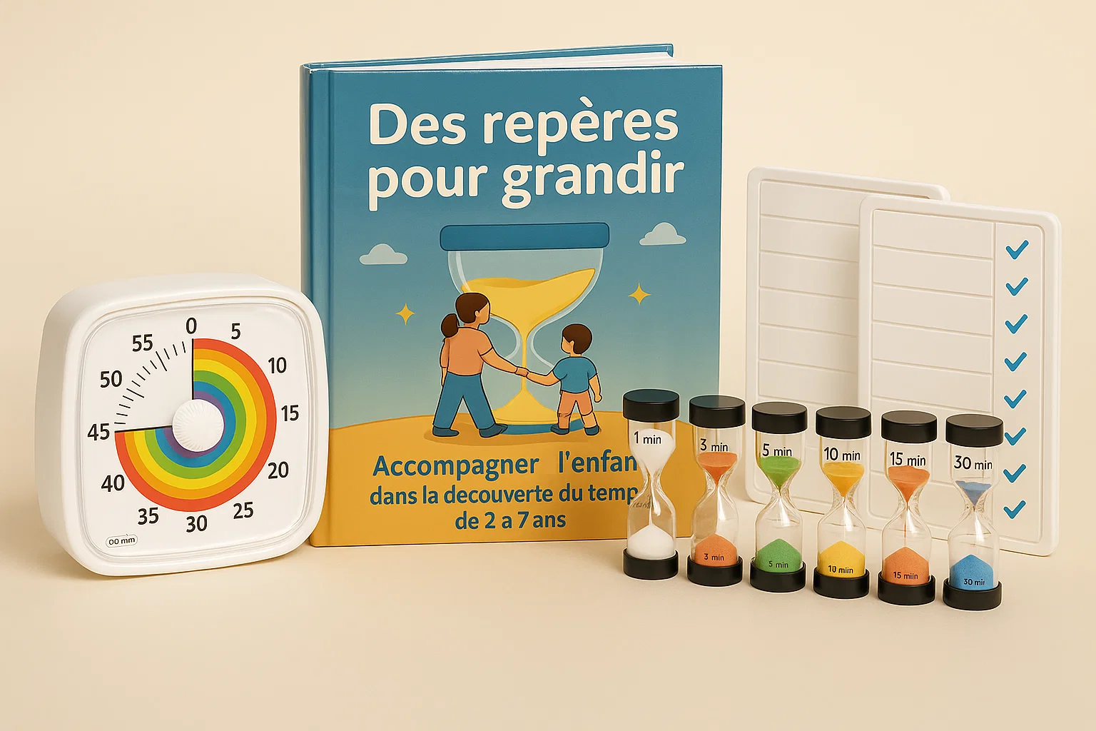 Le Pack P’tiTemps avec six sabliers, une minuterie visuelle, deux planificateurs et le guide numérique