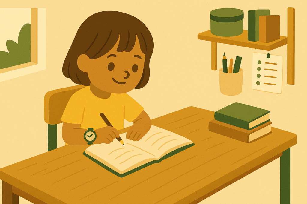 Enfant en train d'étudier sur sa table d'école